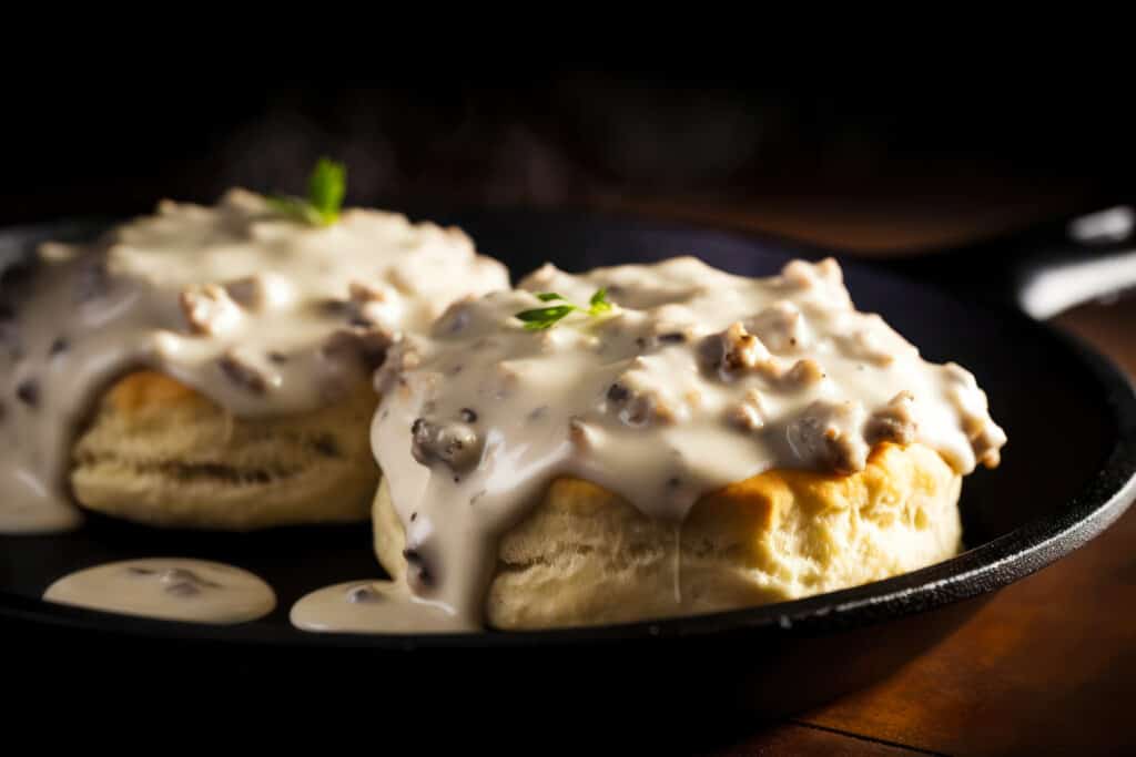 Close up frontal view of two biscuits in a cast iron skillet covered with keto sausage gravy with a small piece of green garnish on each biscuit, all resting on a warm wood surface.