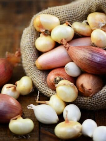 Diagonal view of burlap sac overflowing with whole onions including shallots, white, red and yellow onions spilling onto a rustic wood surface.