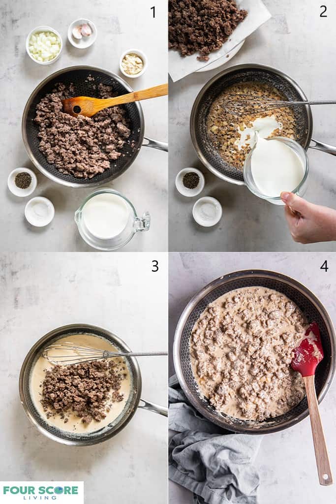 Aerial view of steps in how to make keto sausage gravy, including browning meat in a skillet and adding heavy cream, spices, garlic and onions. 