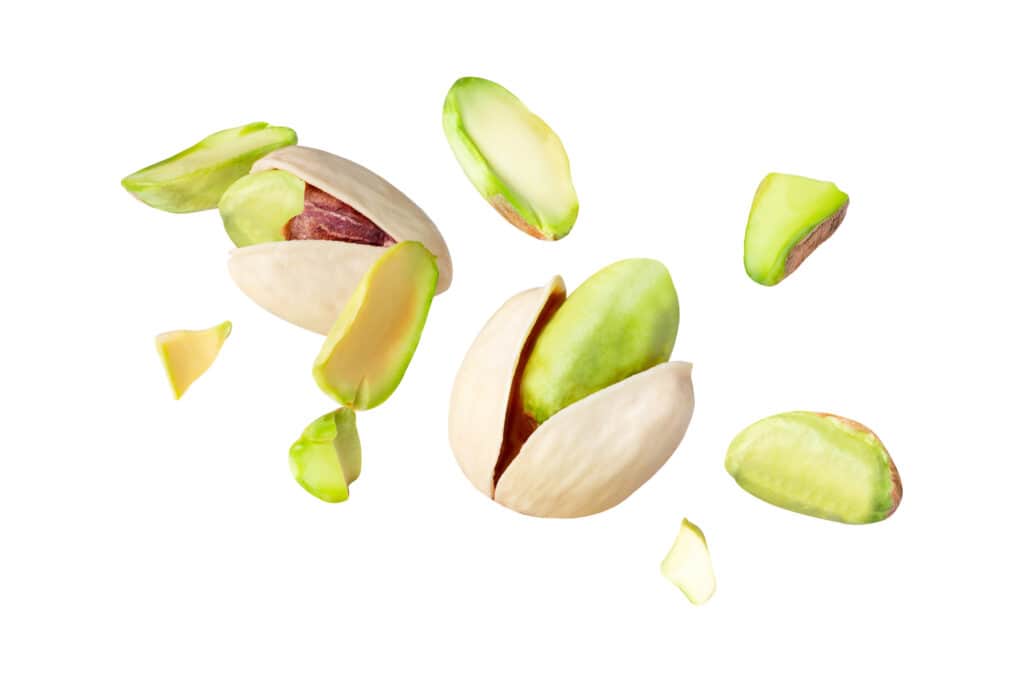 Front view of two pistachio nuts in the shell and pieces of shelled pistachio nuts in  midair on a white background.