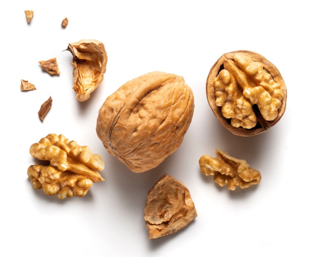 Aerial, closeup view of a whole walnut shell, a halved walnut shell with a walnut half exposed and walnut and shell pieces all on a white background.