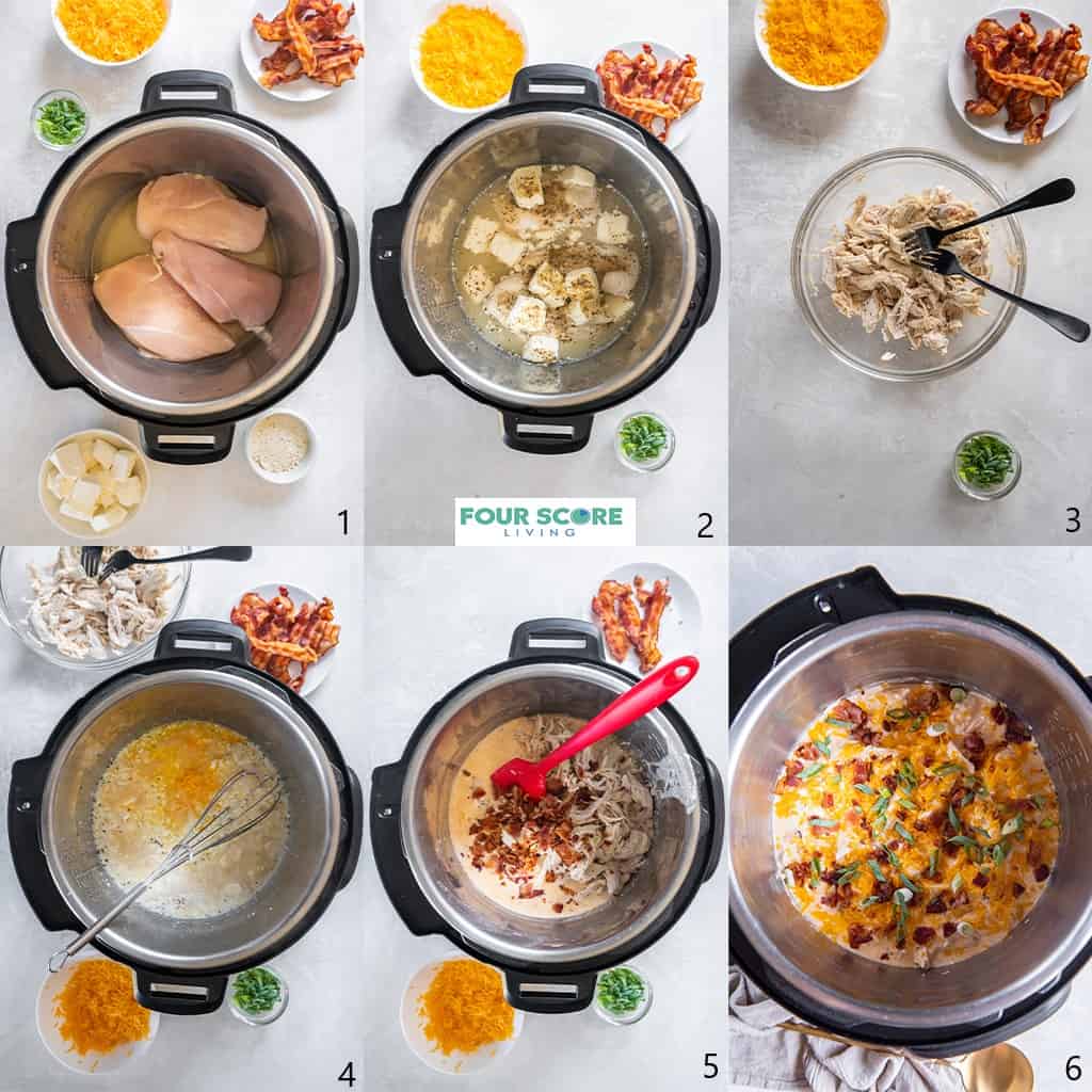 Aerial view of steps for making Instant Pot crack chicken with instant pot and ingredients such as chicken breasts, cream cheese, ranch seasoning, cheddar cheese, bacon, onions, chicken broth all resting on a white stone surface being added, whisked and stirred into an Instant Pot, with cooked crumbled bacon and chopped green onions garnishing the top.