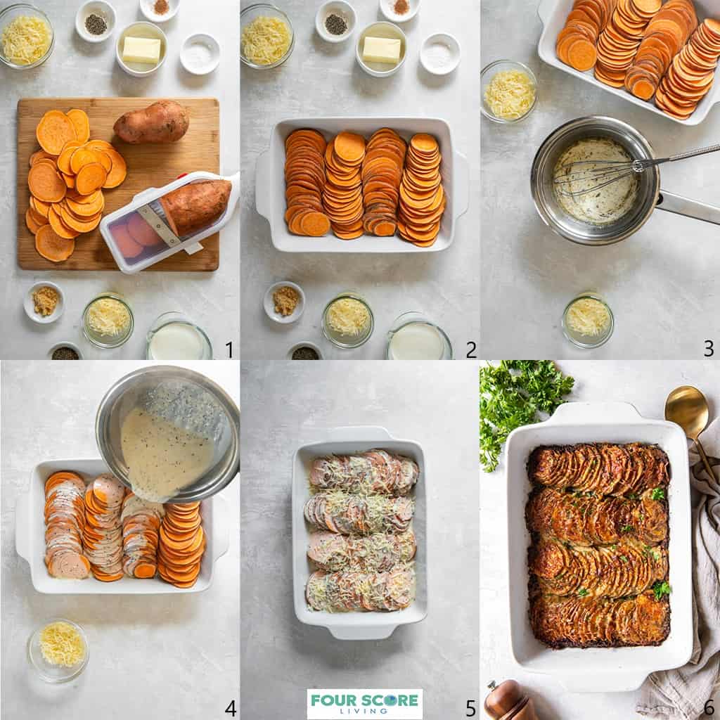 Aerial view of the steps to make with make scalloped using the ingredients sweet potatoes sliced with a mandolin, shredded cheese, salt, pepper, butter, minced garlic, dried thyme, nutmeg, heavy cream and gruyere cheese, a whisk, a sauce pan and a white rectangle casserole dish.