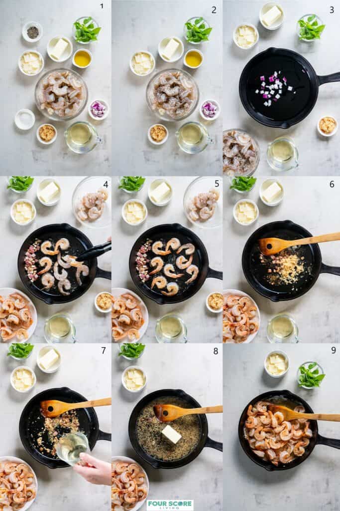 Aerial view the steps to make keto shrimp scampi with a skillet, a wooden utensil,  small and medium bowls holding the ingredients to make keto shrimp scampi, including avocado oil, a half stick of butter, slices of fresh Parmesan cheese, raw shrimp with tails on, chopped red onion, minced garlic, salt and white wine. 