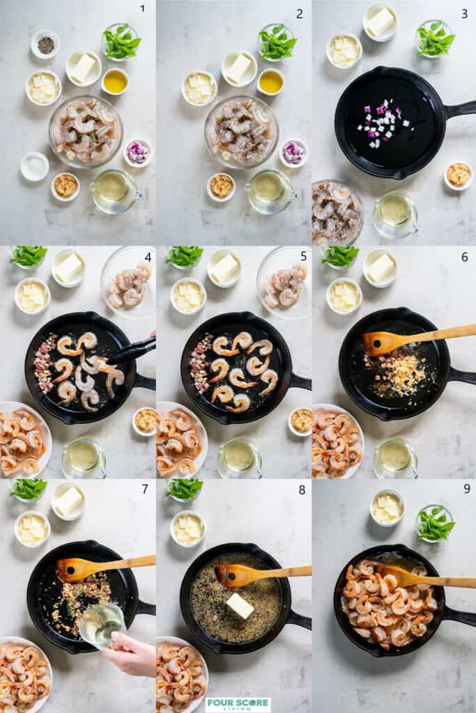 Aerial view the steps to make keto shrimp scampi with a skillet, a wooden utensil, small and medium bowls holding the ingredients to make keto shrimp scampi, including avocado oil, a half stick of butter, slices of fresh Parmesan cheese, raw shrimp with tails on, chopped red onion, minced garlic, salt and white wine.