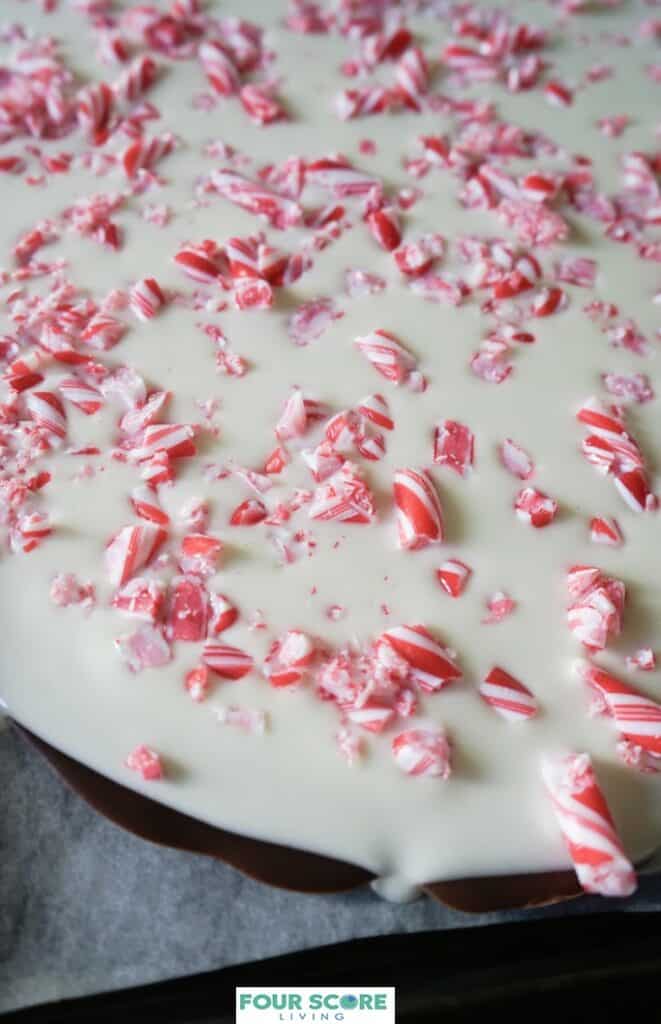 Close up diagonal view of melted white chocolate spread over a layer of semisweet chocolate, with the top layer sprinkled with crushed candy canes. 