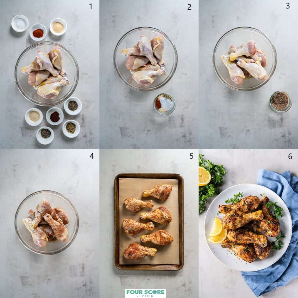 Aerial view of ingredients and steps to make baked chicken legs, including raw chicken legs on an oval white platter and small white dishes of herbs and spices, a glass bowl to mix spices and images showing the spices mixed with the raw chicken then placed on a parchment paper lined sheet pan for baking. 