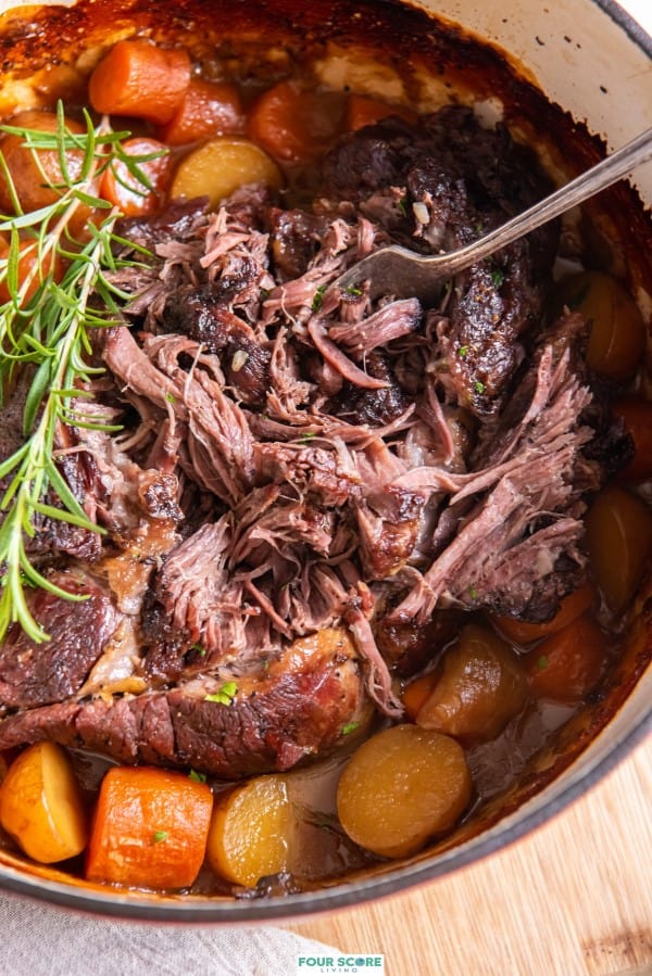 Aerial close up view of pot roast with carrots and potatoes prepared in a Dutch oven with fresh sprigs of rosemary as a garnish, with the tender pot roast being pulled apart with a fork.