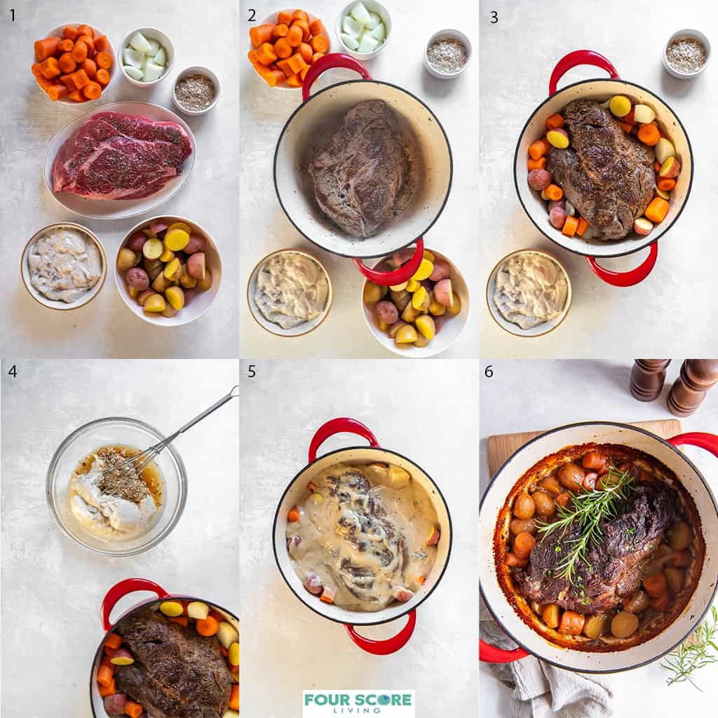 Aerial view of steps for how to make pot roast with onion soup mix, carrots and potatoes. 