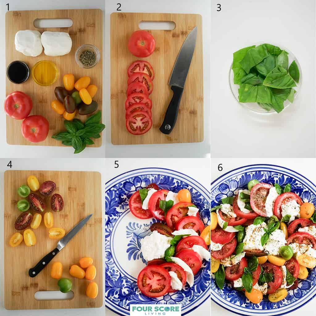 Aerial view of the 6 steps of how to make burrata caprese, including fresh tomatoes, basil, oil, balsamic vinegar, dried herbs and burrata cheese