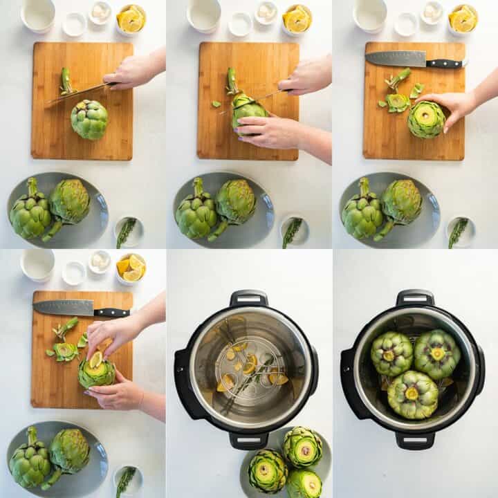 Collage of 6 pictures showing how to trim an artichoke, prepare the instant pot and place the artichokes inside